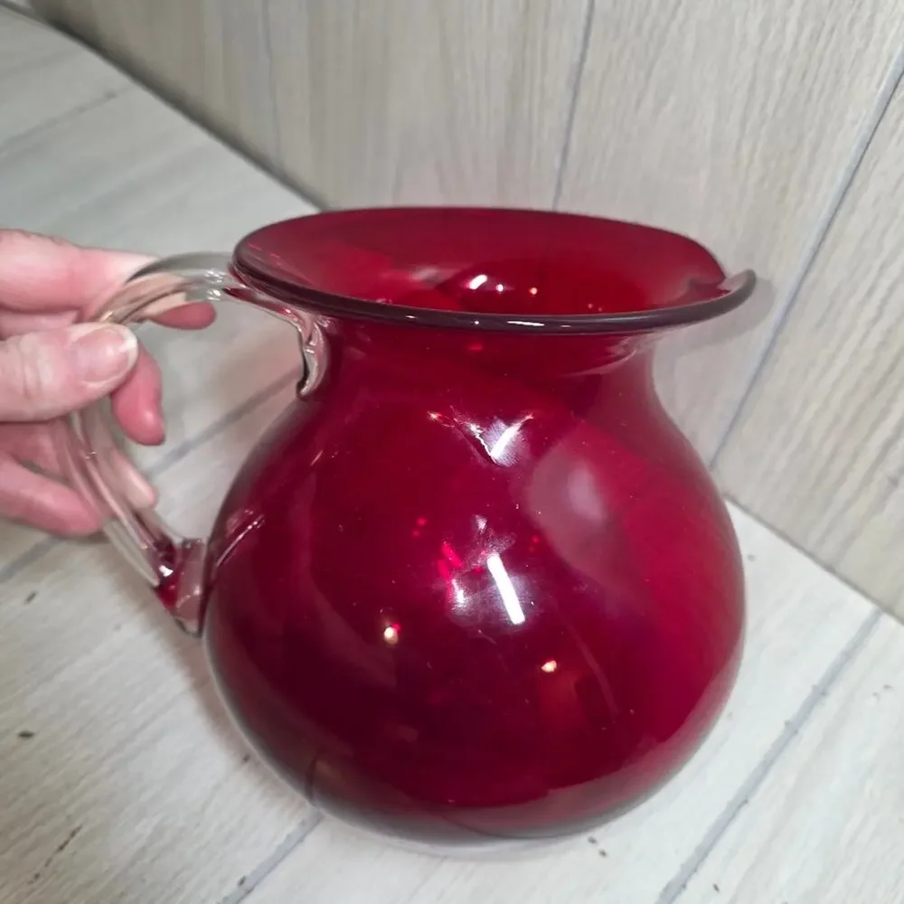 Vtg Hand-Blown Ruby Red Pitcher With Clear Handle Victorian 7